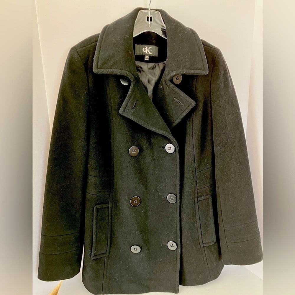 Women’s Pea Coat, Double Breasted, S, Black, Lined, Wool Blend, Calvin Klein